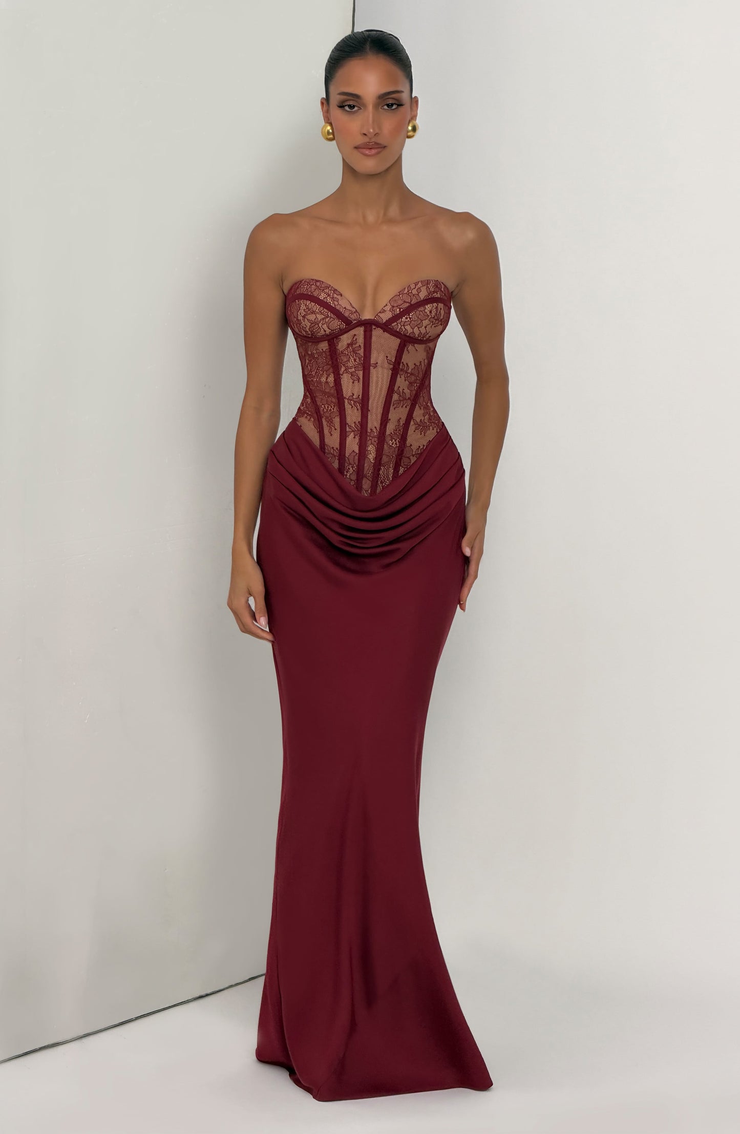 Strapless Lace Bustier Maxi Dress Burgundy HV3153