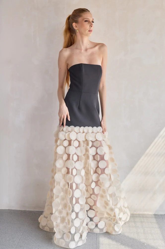 Strapless A Line Maxi Dress Black Ivory HV2067