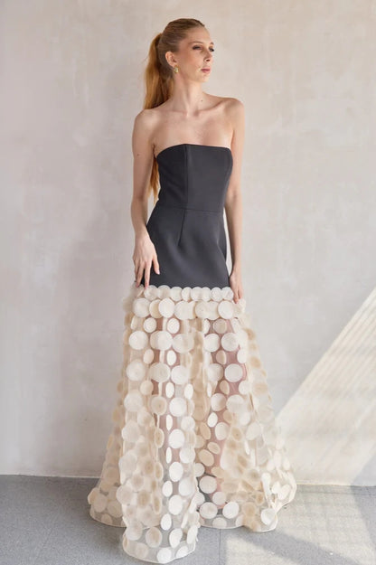 Strapless A Line Maxi Dress Black Ivory HV2067