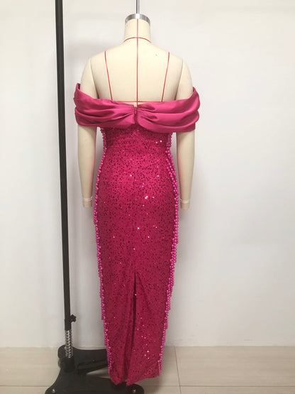 Bardot Crystal Bustier Sequin Maxi Dress Hot Pink HV2296