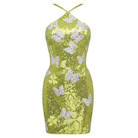 Halter Sequin Butterflies Dress Green HV1655