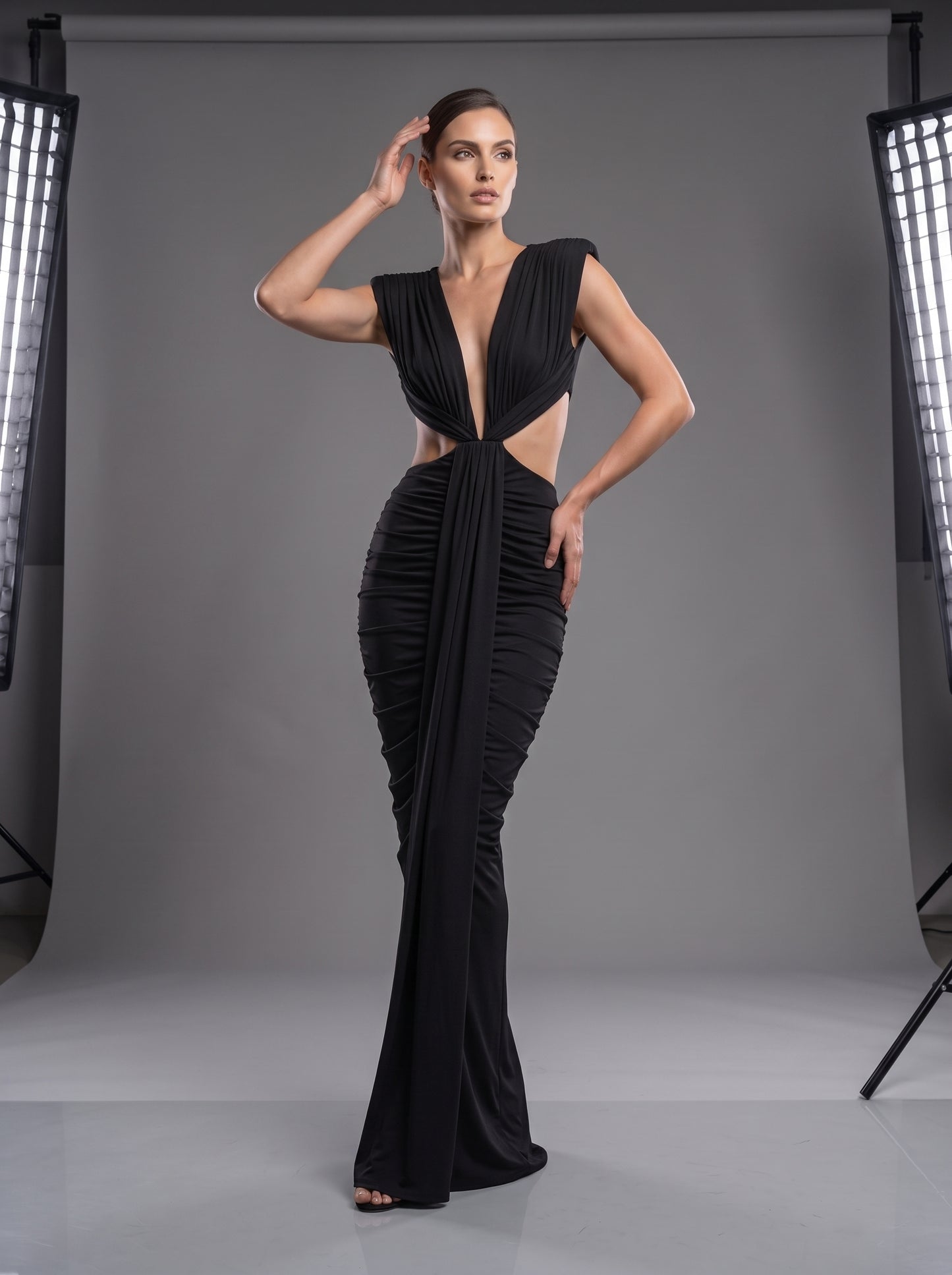 Draped Cut Out Sides Maxi Dress Black HV3141