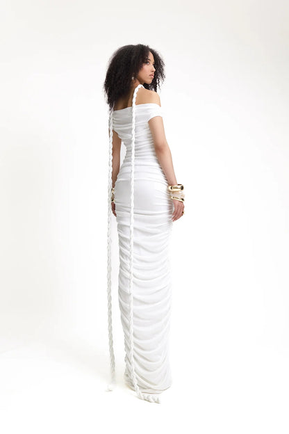 Braid Detail Bardot Ruched Maxi Dress White HV1713