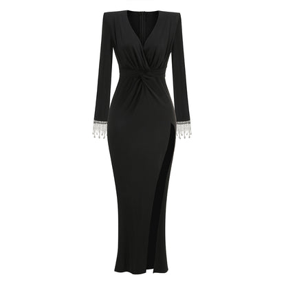 Long Sleeve Crystal Detail Draped Maxi Dress Black