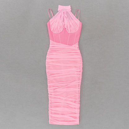 Halter Bustier Draped Mesh Midi Dress Pink HV9272