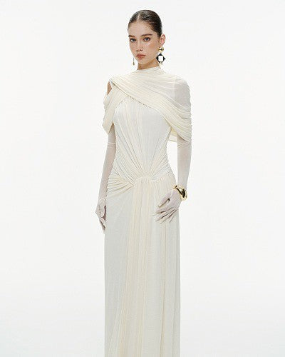 Draped Design Maxi Dress White HV0073
