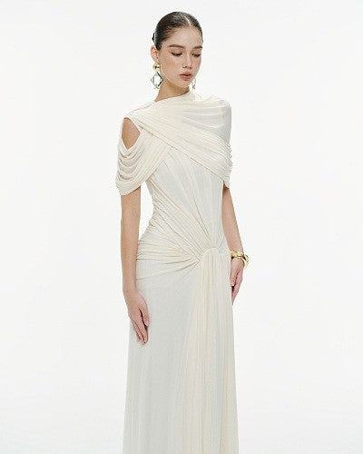 Draped Design Maxi Dress White HV0073