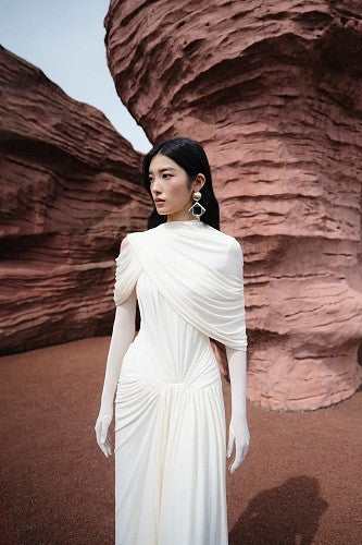 Draped Design Maxi Dress White HV0073
