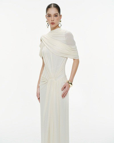Draped Design Maxi Dress White HV0073
