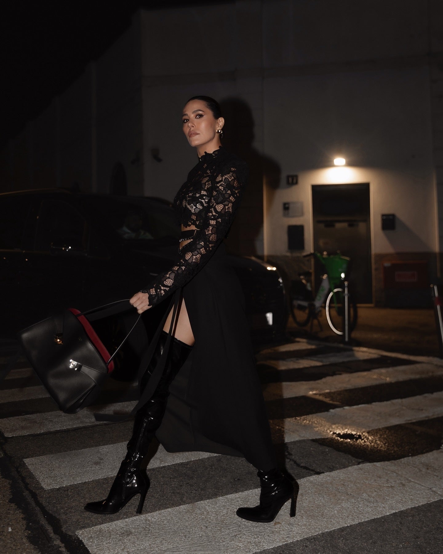 Long Sleeve Lace Midi Two Piece Dress Black HV0052