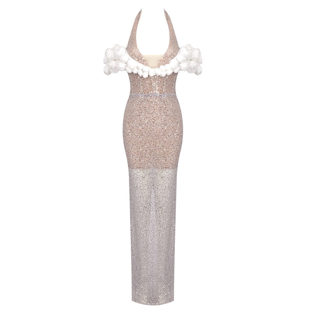 Halter Floral Bardot Sequin Maxi Dress Silver HV1760