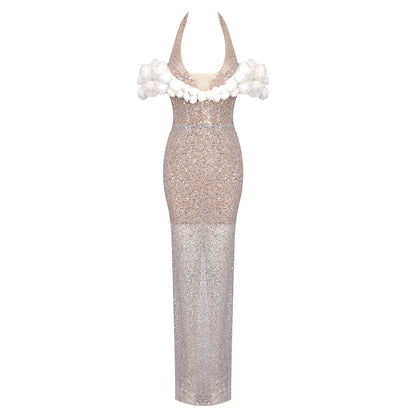 Halter Floral Bardot Sequin Maxi Dress Silver HV1760