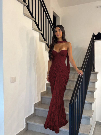 Strapless Draped Lace Bustier Maxi Dress Burgundy HV2706
