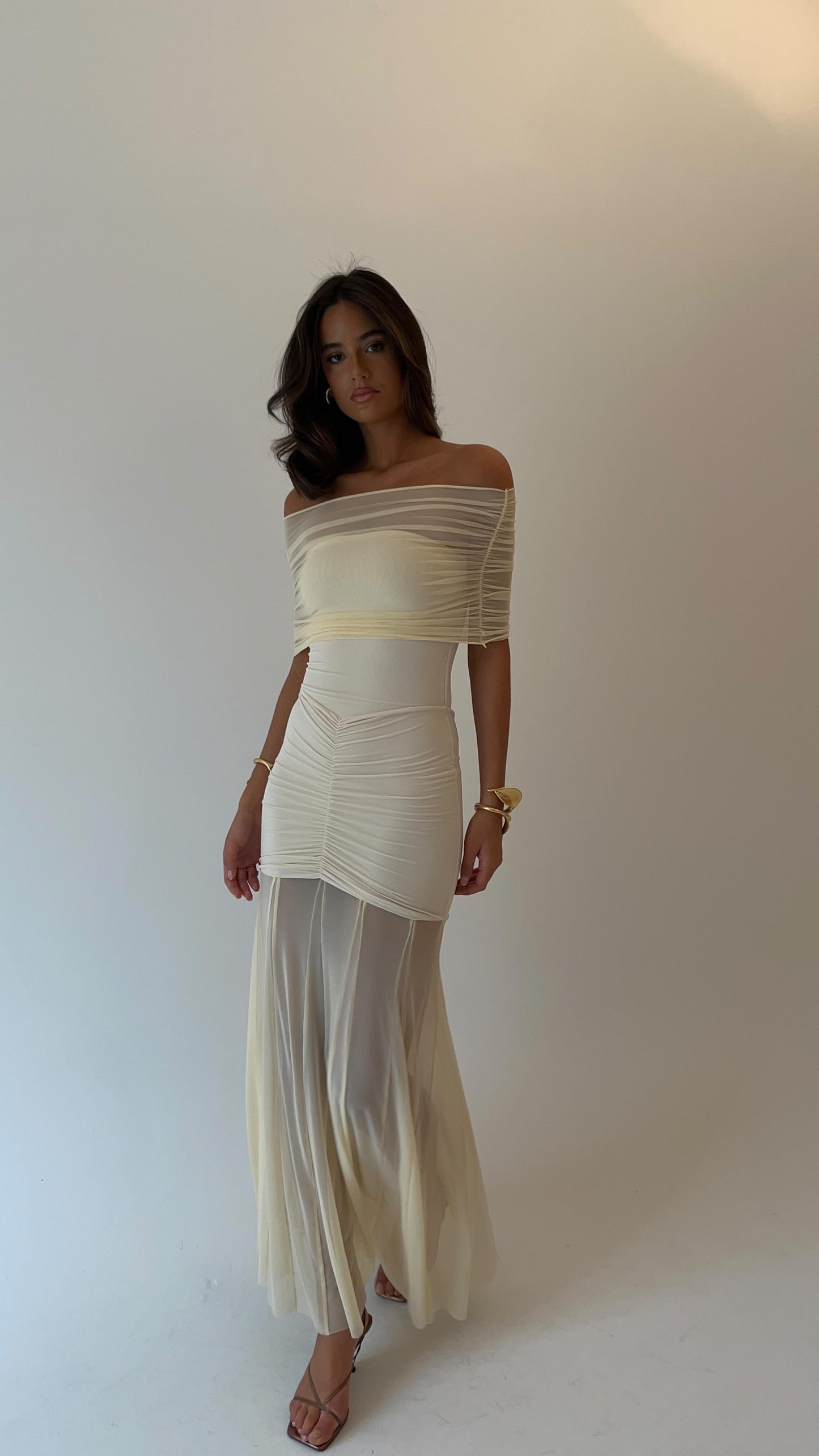 Bardot Ruched Maxi Dress Ivory HV2140