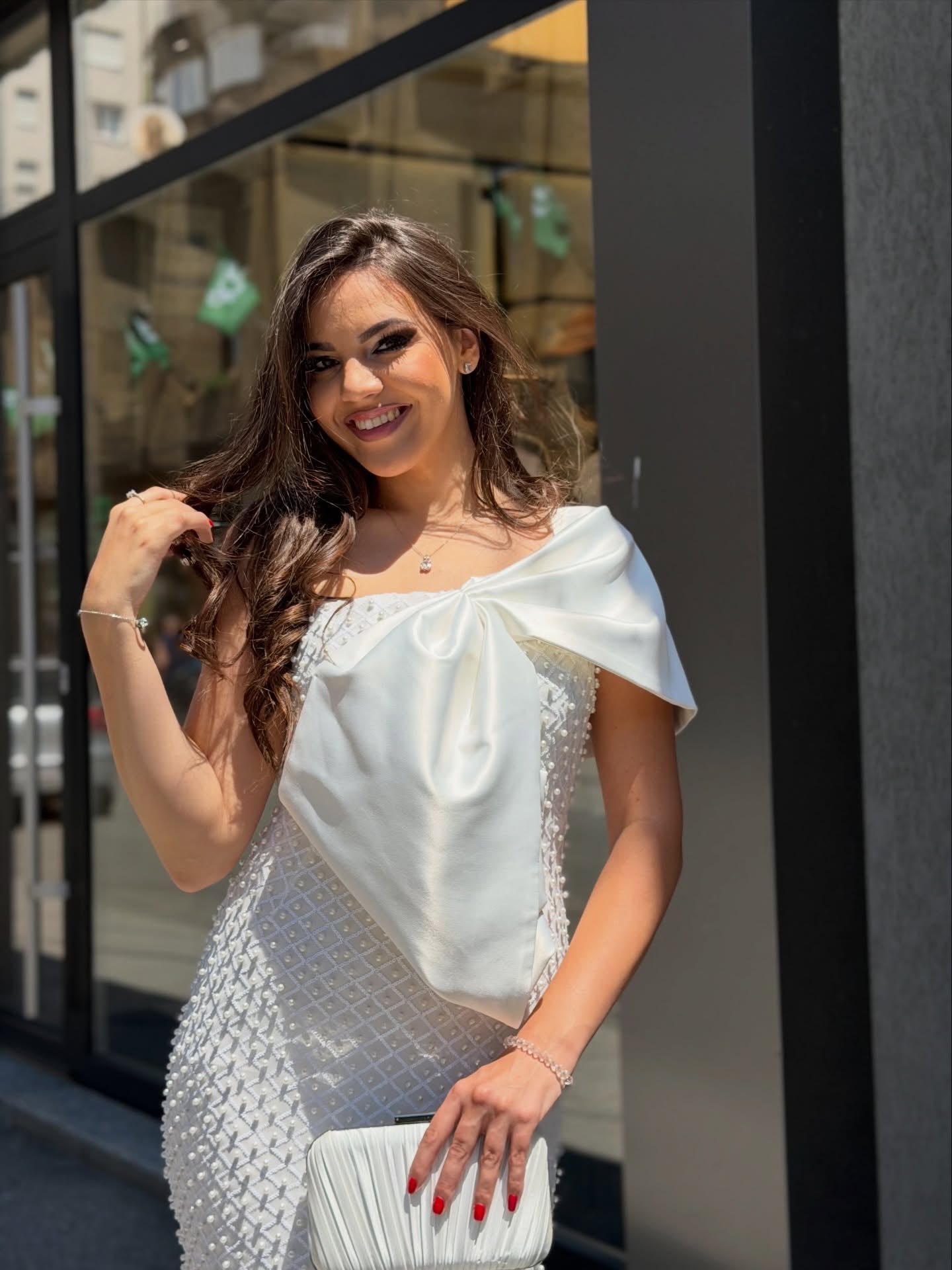Draped Bardot Pearl Embellished Maxi Dress White HV3162