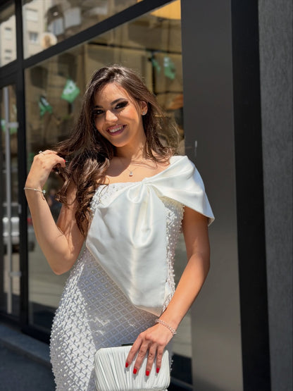 Draped Bardot Pearl Embellished Maxi Dress White HV3162