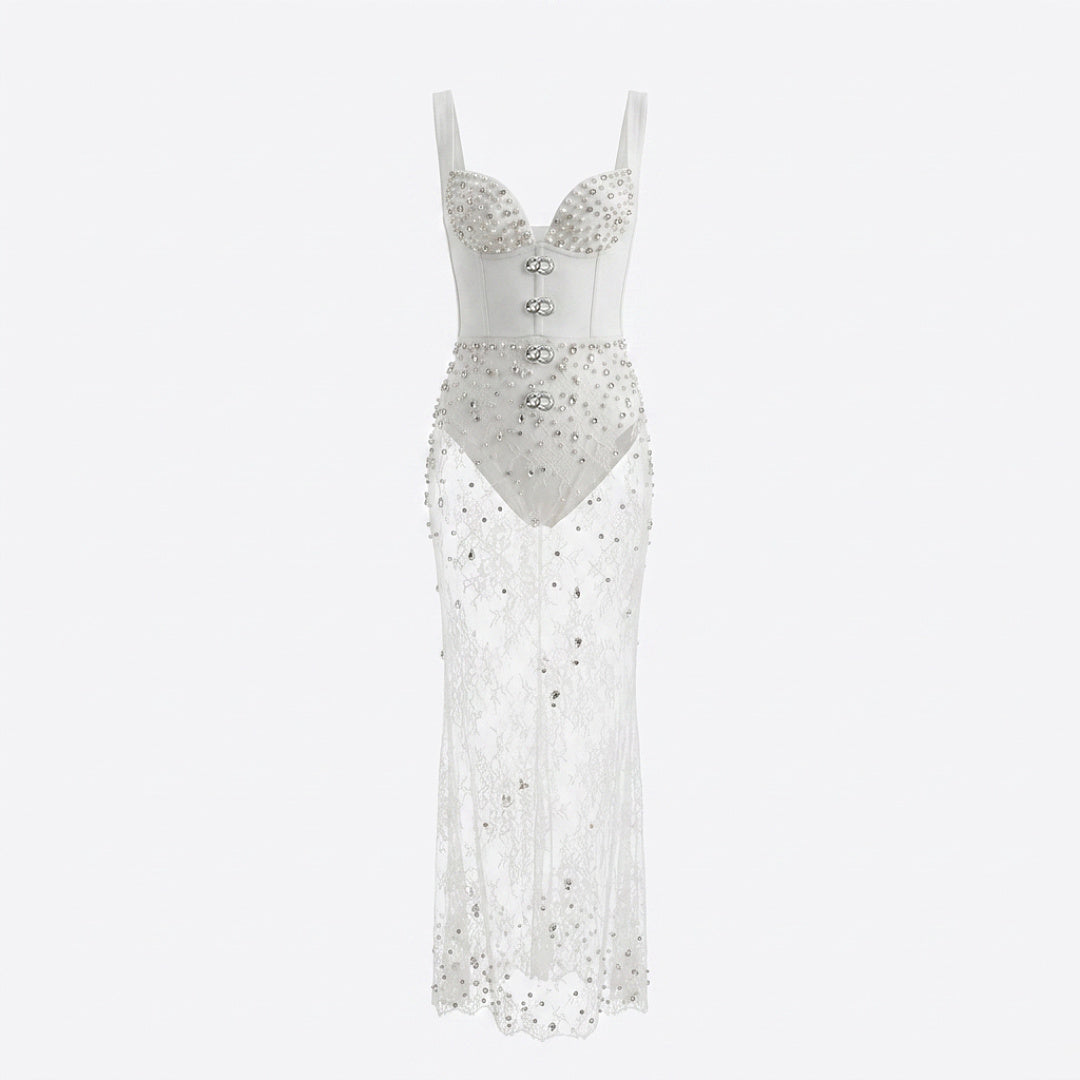Crystal Embellished Bustier Lace Maxi Dress White HV3180
