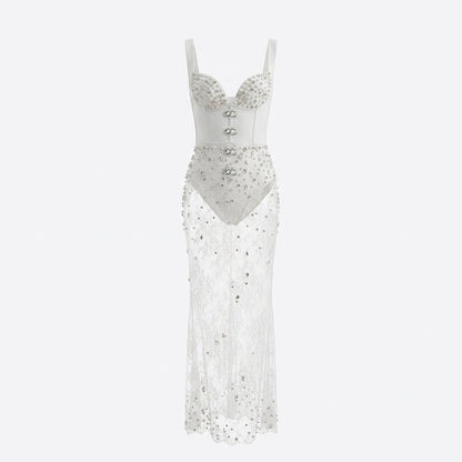 Crystal Embellished Bustier Lace Maxi Dress White HV3180