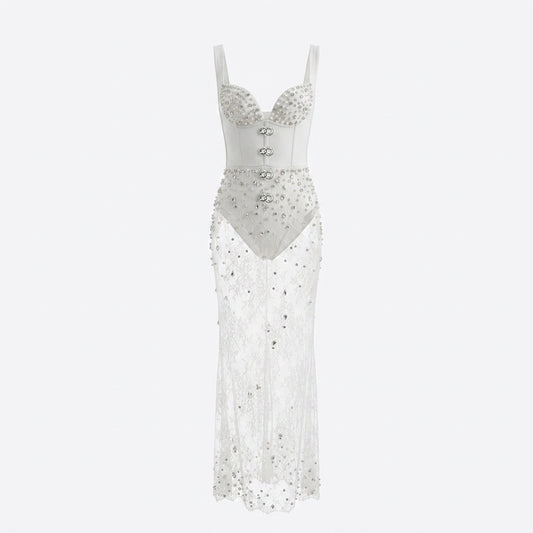 Crystal Embellished Bustier Lace Maxi Dress White HV3180