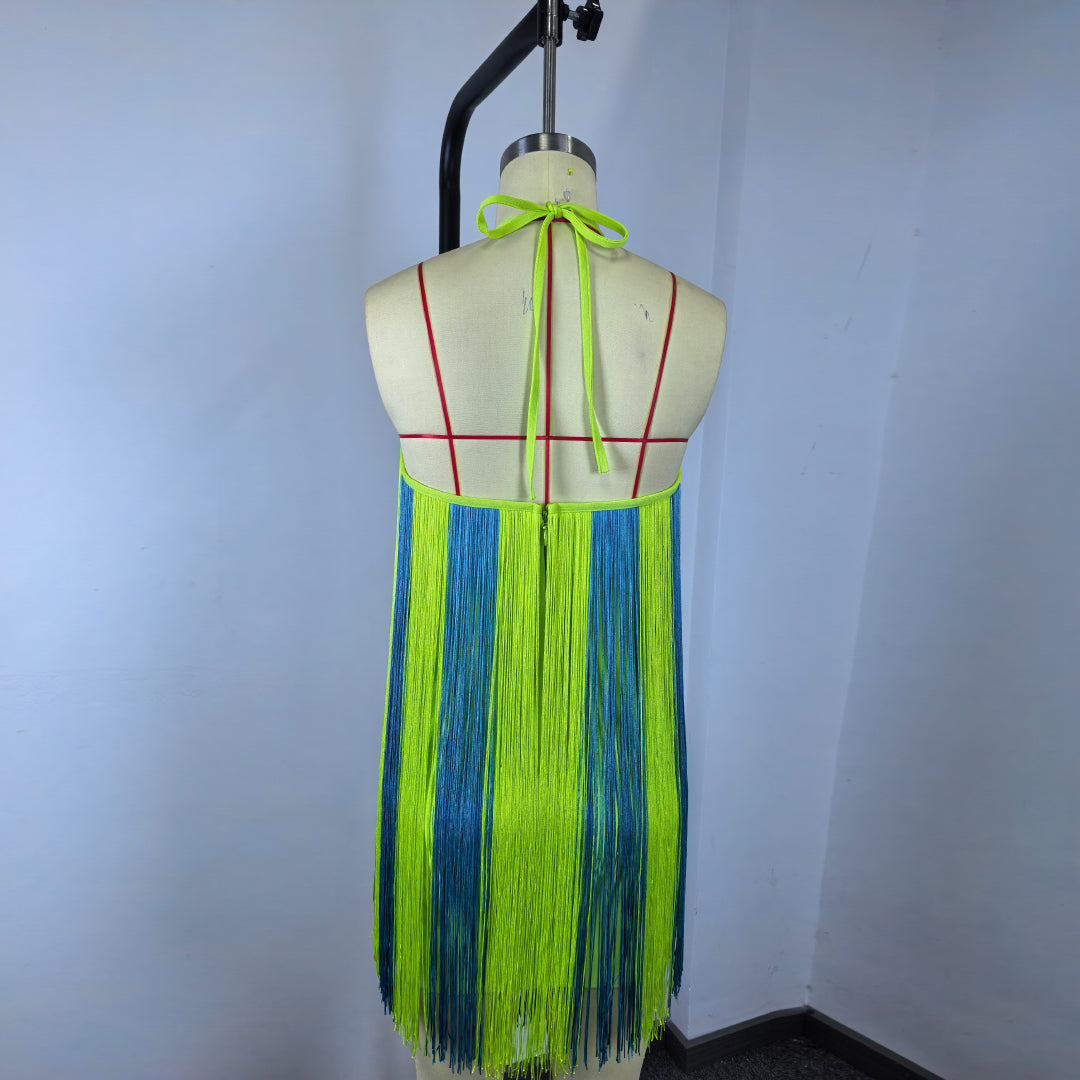 Halter Tassel Dress Green HV3210