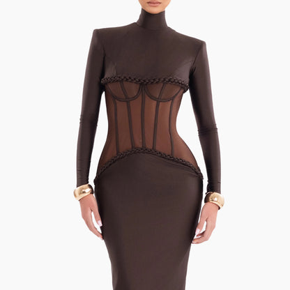 Long Sleeve Structured Mesh Maxi Dress Brown HV2648