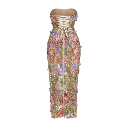 Strapless Floral Corset Maxi Dress Pink Green HV2883