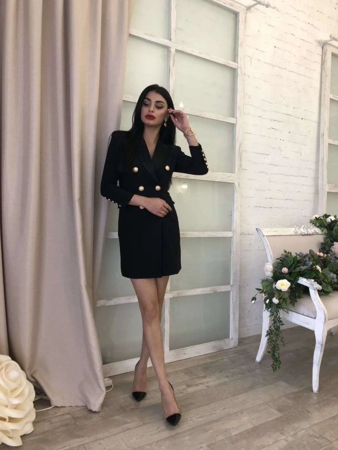 Long Sleeve Satin Lapel Blazer Dress