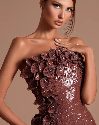 Strapless Sequin Floral Maxi Dress Brown HV2625