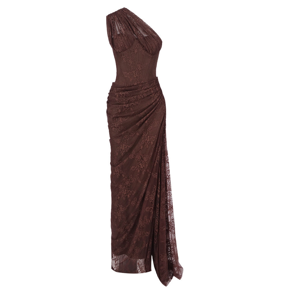 One Shoulder Draped Lace HV2677