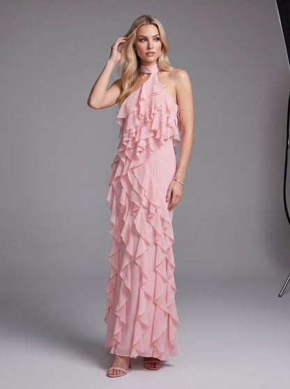 Halter Ruffle Detail Maxi Dress Pink HV3178