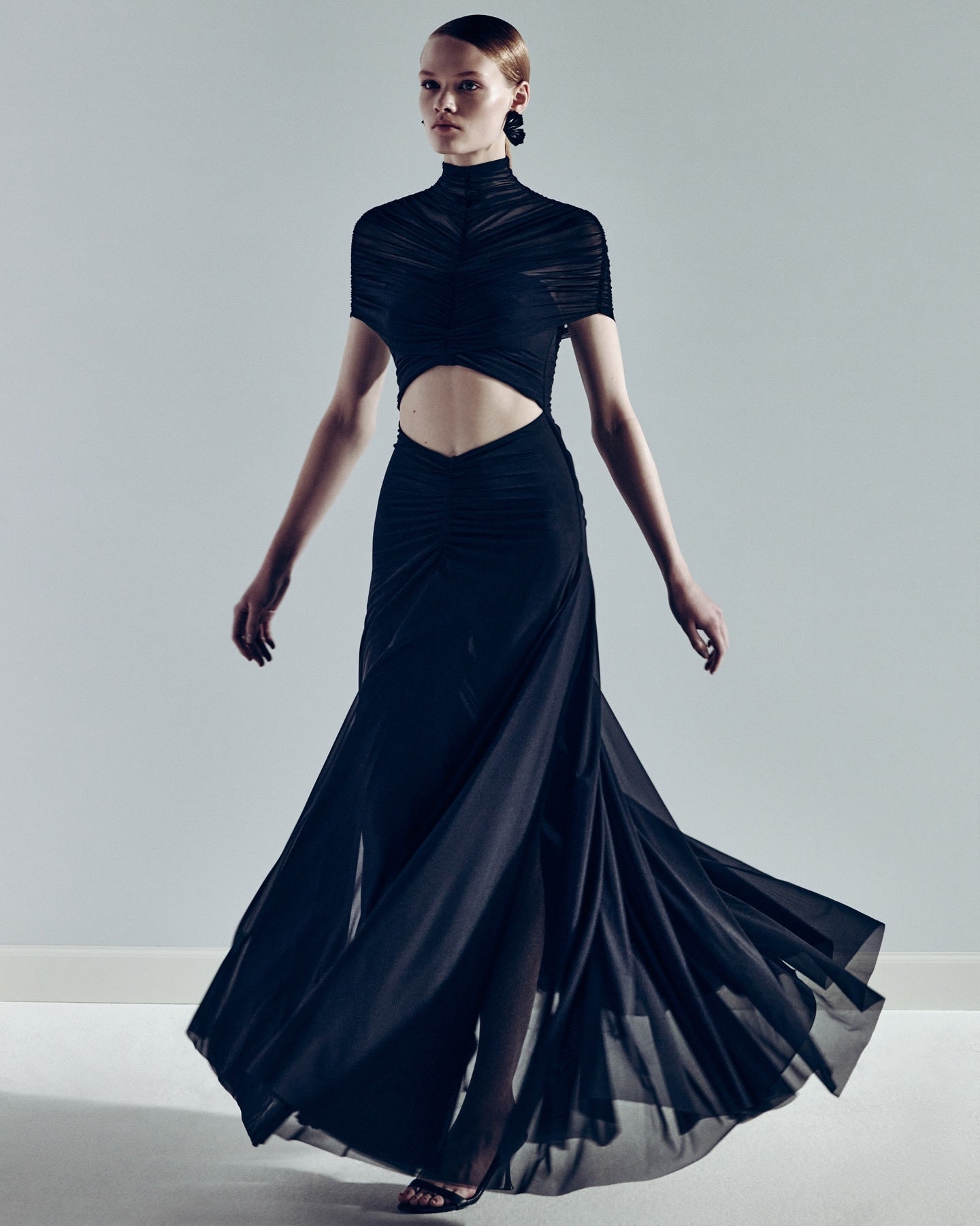 Draped Mesh Cut Out A Line Maxi Dress Brown HV2671