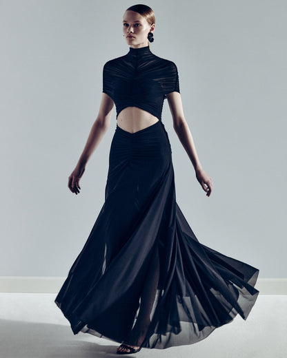 Draped Mesh Cut Out A Line Maxi Dress Brown HV2671
