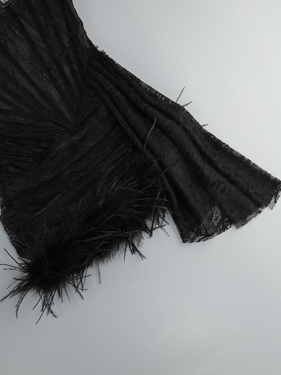 Strapless Lace Corset Feather Dress Black