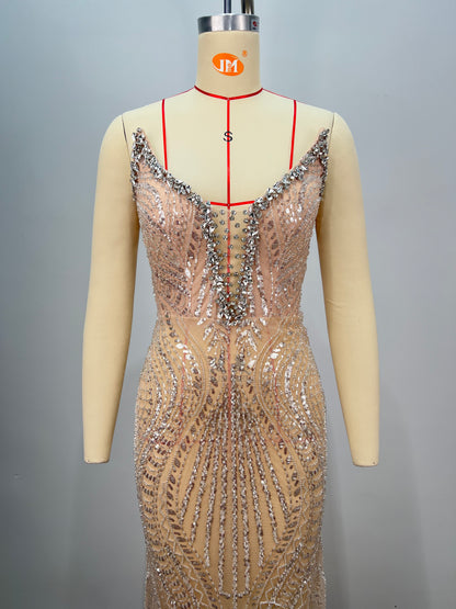 Strapless Crystal Sequin Maxi Dress Nude HV2196