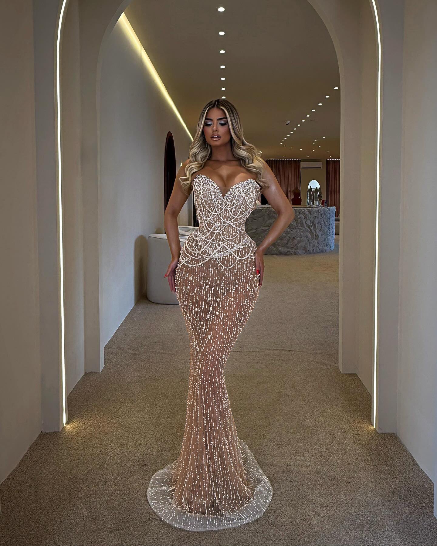 Strapless Pearl Detail Maxi Dress Nude HV2772