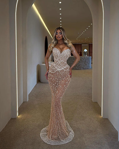 Strapless Pearl Detail Maxi Dress Nude HV2772