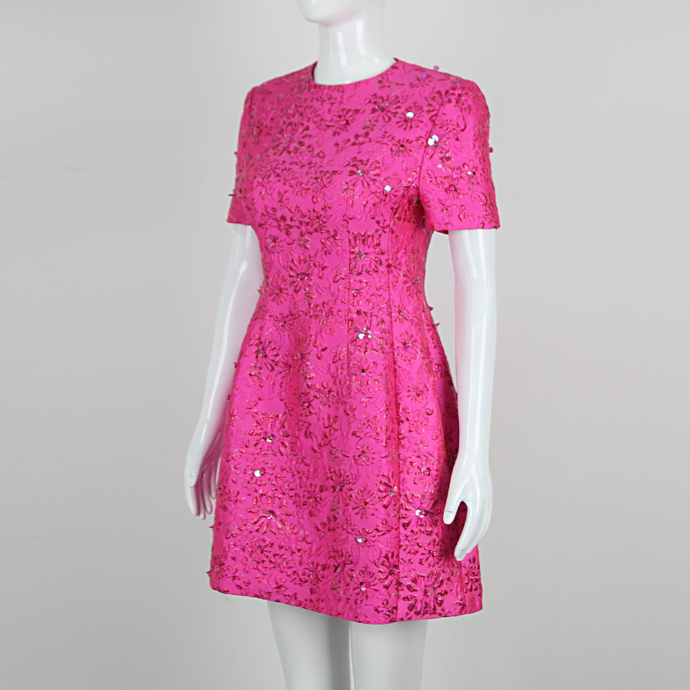 Short Sleeve Floral Sequin Dress Hot Pink HV1309