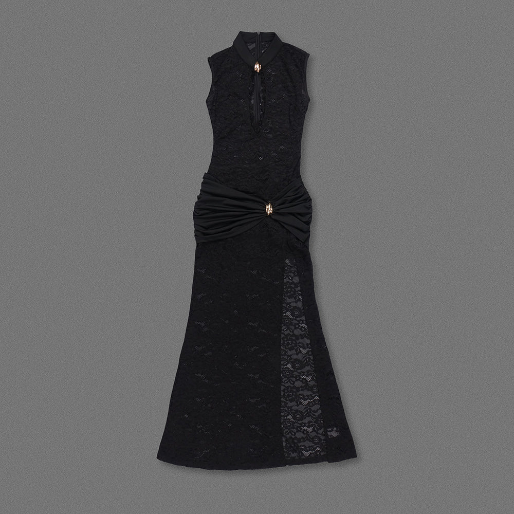 Cut Out Detail Lace Maxi Dress สีดำ HV0020