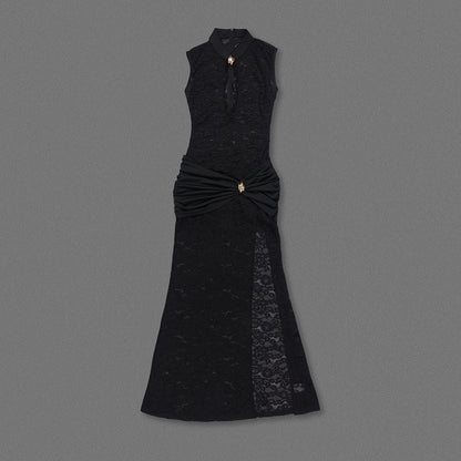 Cut Out Detail Lace Maxi Dress สีดำ HV0020