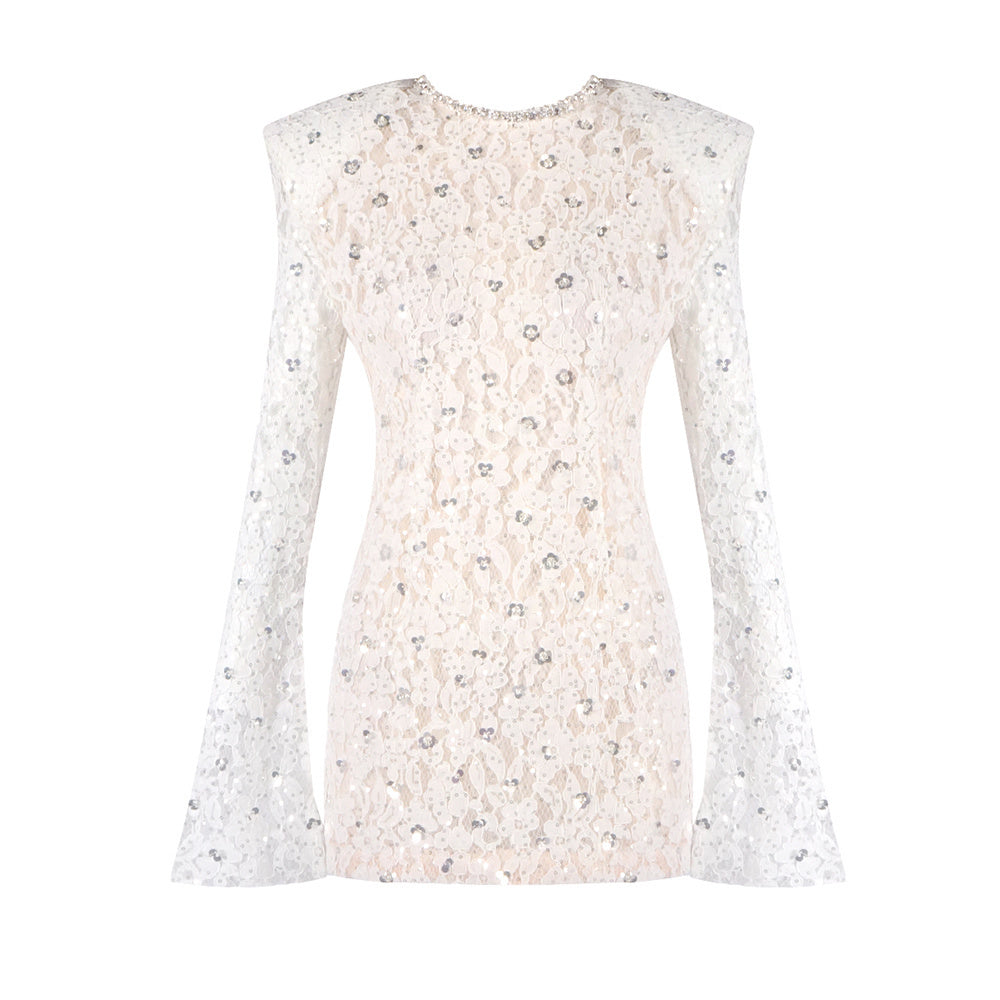 Long Sleeve Draped Sequin Lace Dress White HV0002