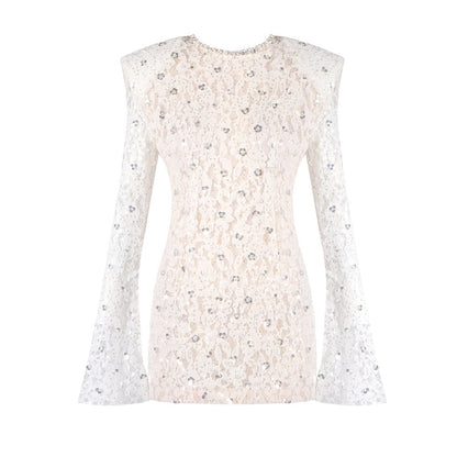Long Sleeve Draped Sequin Lace Dress White HV0002