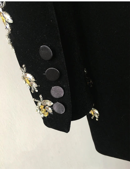 Long Sleeve Crystal Bee Velvet Blazer Black