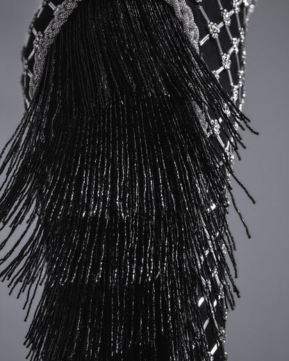 Tassel Bustier Sequin Maxi Dress Black Silver HV2927