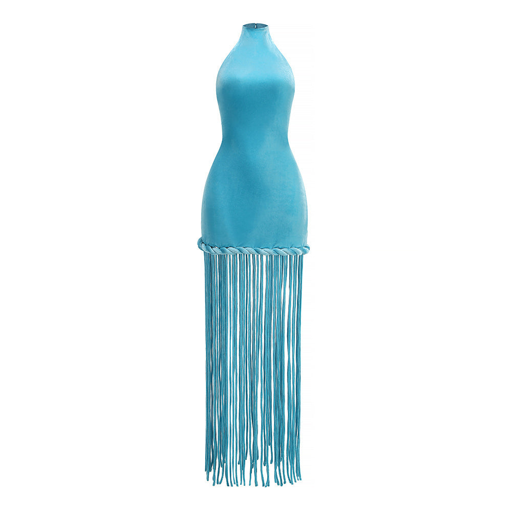 ชุดเดรสกำมะหยี่แม็กซี่ผูกคอพู่ สีน้ำเงิน HV2621