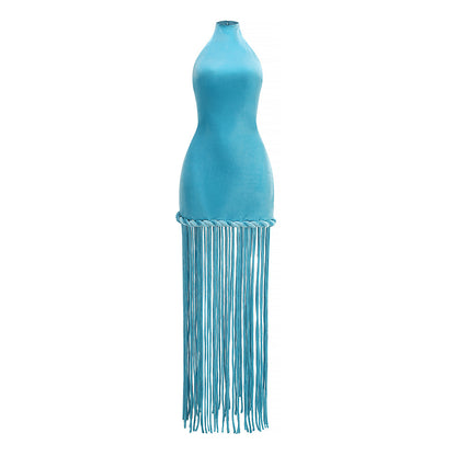 ชุดเดรสกำมะหยี่แม็กซี่ผูกคอพู่ สีน้ำเงิน HV2621