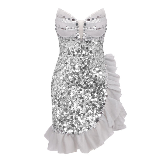 Strapless Sequin Ruffle Dress Silver HV1709