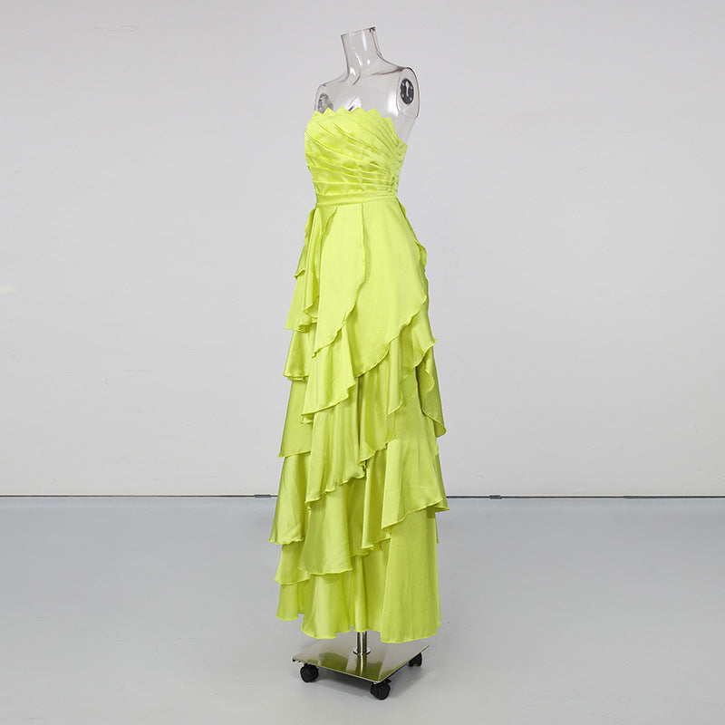 Strapless Ruffle Maxi Dress Lime Green HV3120