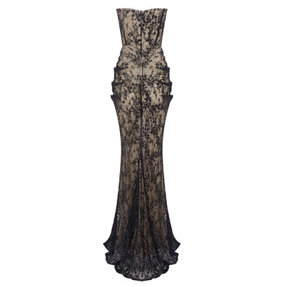 Strapless Sequin Lace Mermaid Dress Black HV1316