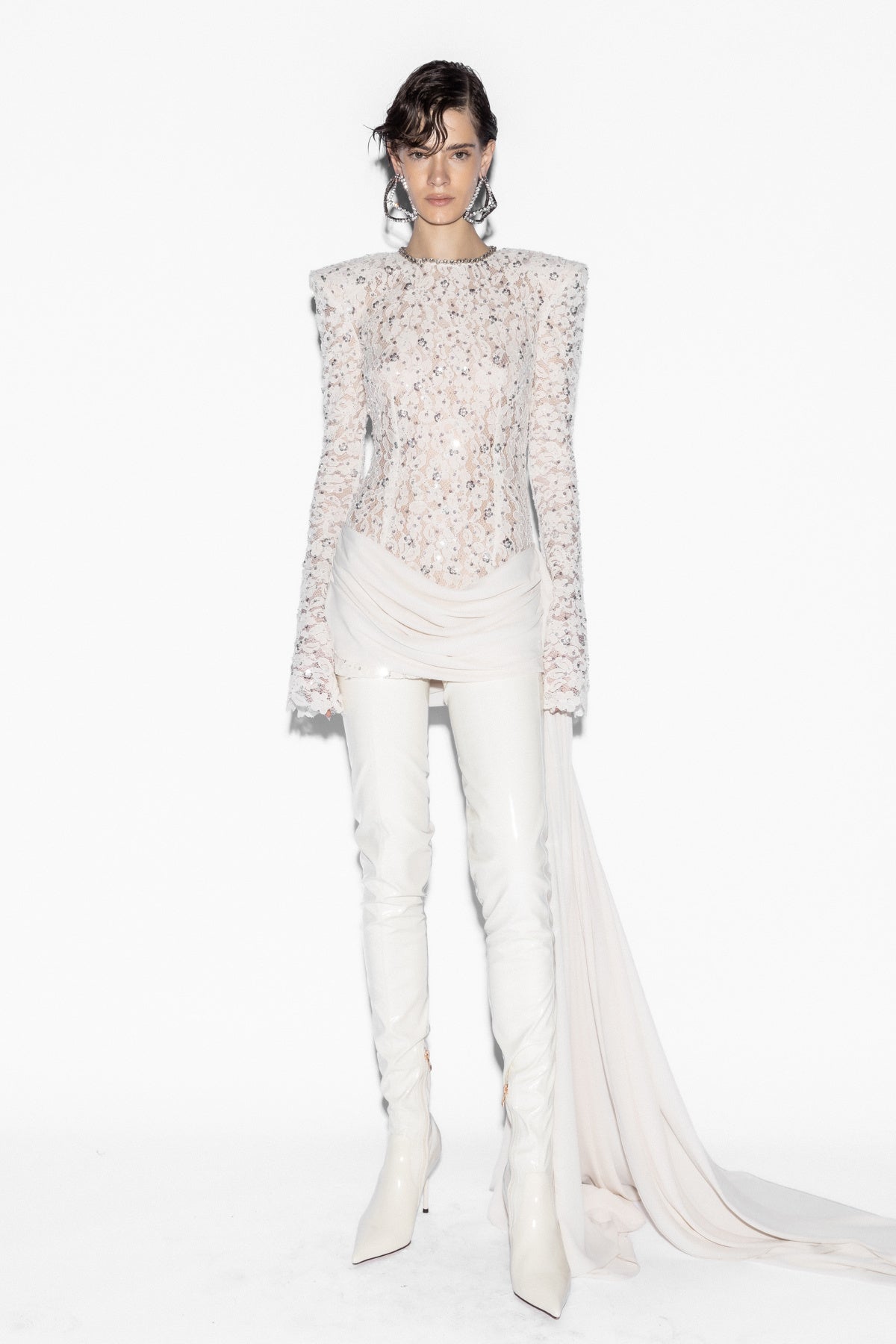 Long Sleeve Draped Sequin Lace Dress White HV0002