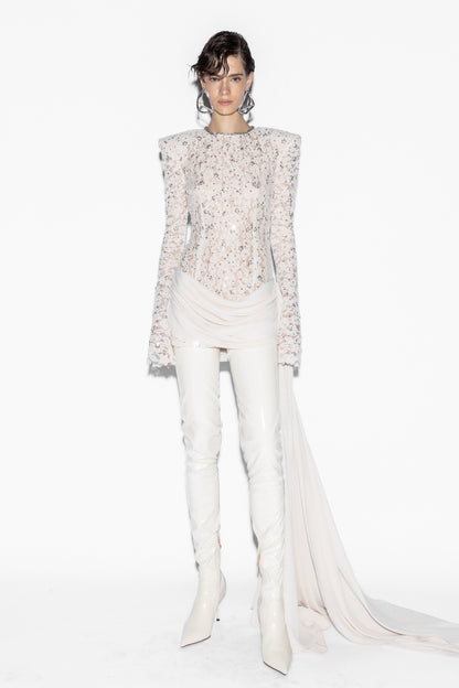 Long Sleeve Draped Sequin Lace Dress White HV0002